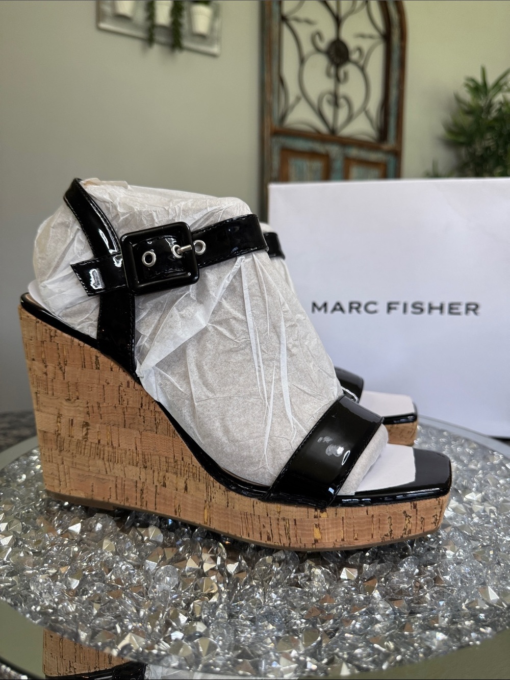 Marc Fisher Black Patent Cork Wedge Sandals NEW 9.5